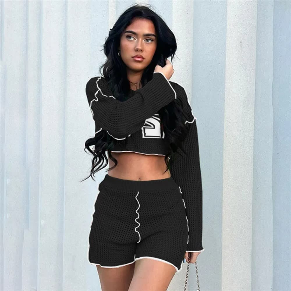 Fall Knitted Rib Short Two-Piece Set: O Neck Crop Top + Shorts, Night Club Party Outfits